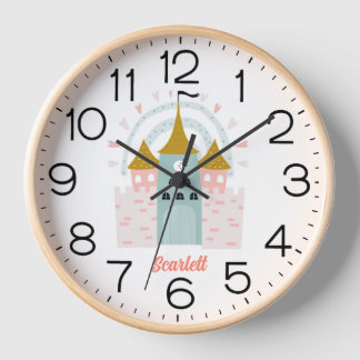 Girls Pink Cute Princess Castle Personalised Name Clock