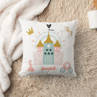 Girls Pink Cute Princess Castle Personalised Name Cushion