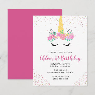 Girl's Pink Cute Unicorn Birthday Party Invitation