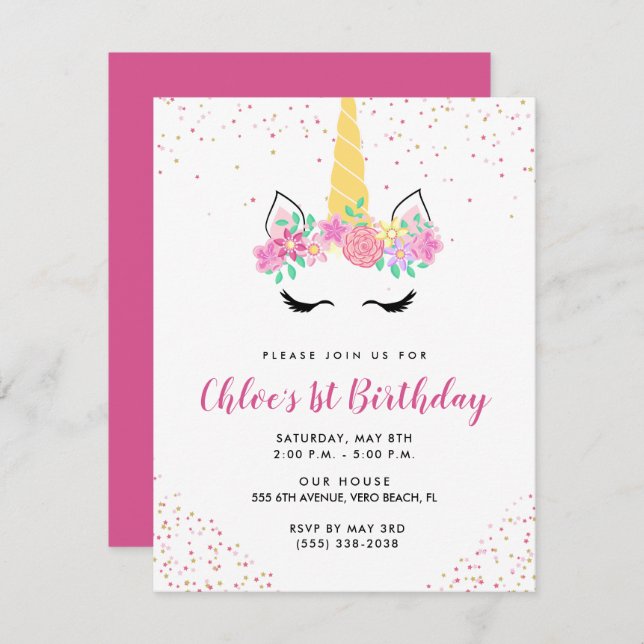 Girl's Pink Cute Unicorn Birthday Party  Invitation (Front/Back)