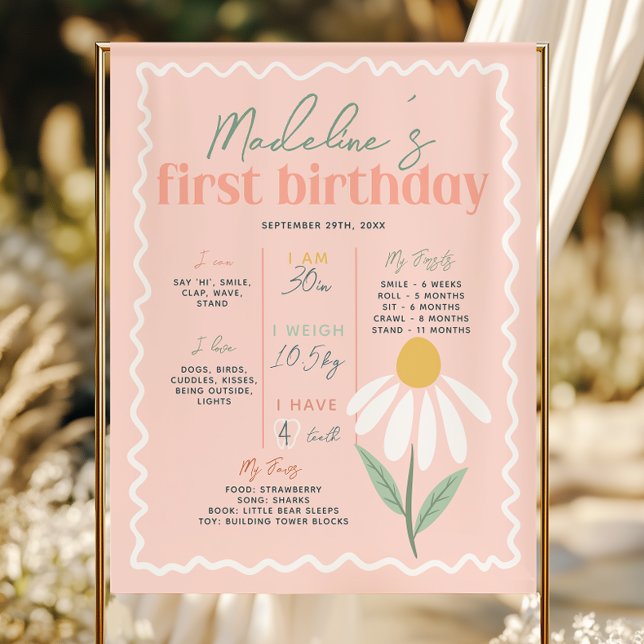Girls Pink Daisy First Year Birthday Milestone Poster (Creator Uploaded)