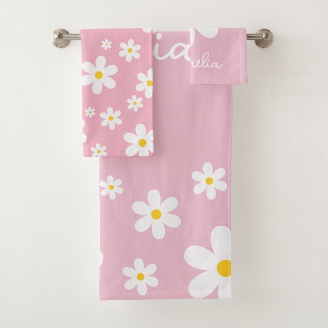 Girls Pink Daisy Personalised Towel Set (Insitu)