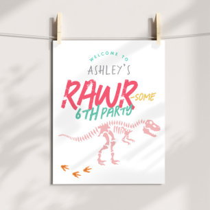 Girls Pink Dinosaur Kids Birthday Welcome Sign