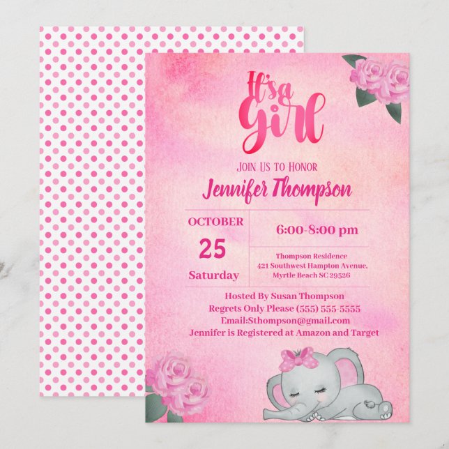 Girls Pink Elephant Baby Shower Invitation (Front/Back)
