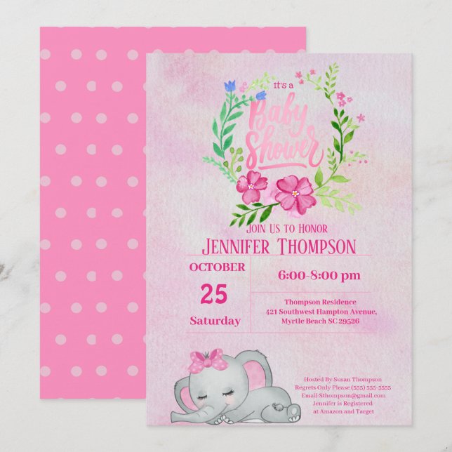 Girls Pink Elephant Baby Shower Invitation (Front/Back)