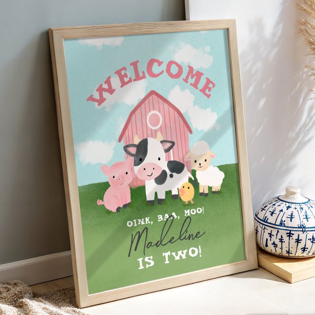 Girls Pink Farm Animal 2nd Birthday Welcome  Poster (Creator Uploaded)