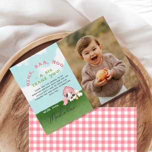 Girls Pink Farm Barnyard Birthday Photo Thank You Card