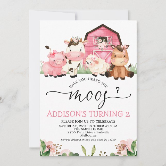 Girls Pink Farm Have You Heard The Moos Birthday Invitation (Front)
