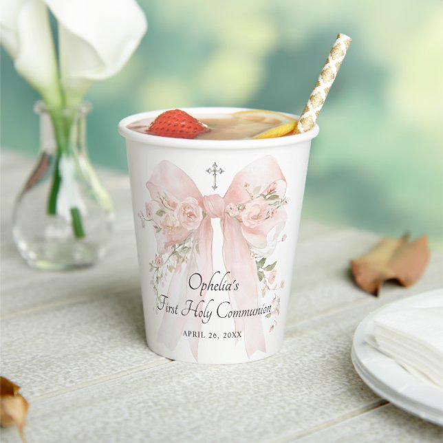 Girl's Pink First Communion Floral Bow Paper Cups (Insitu)