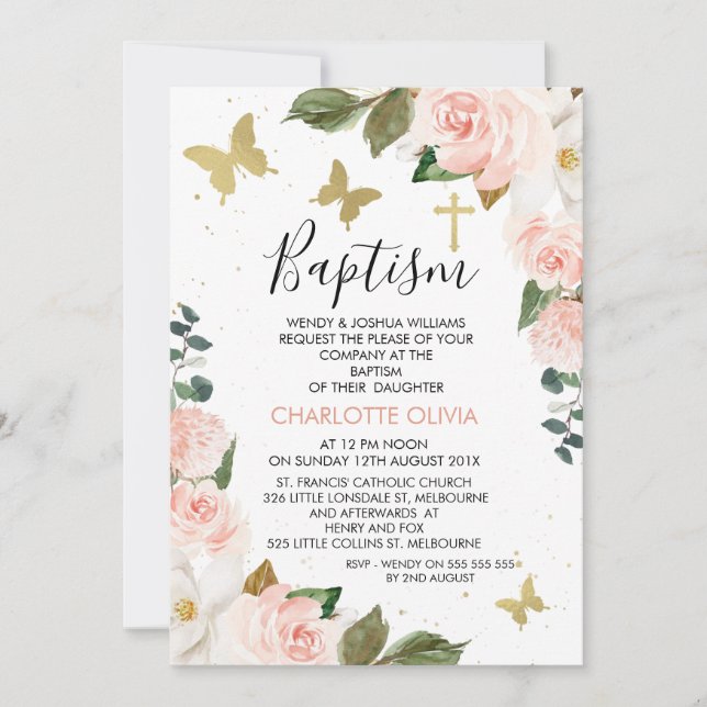Girls Pink Floral And Gold Butterflies Baptism Invitation (Front)