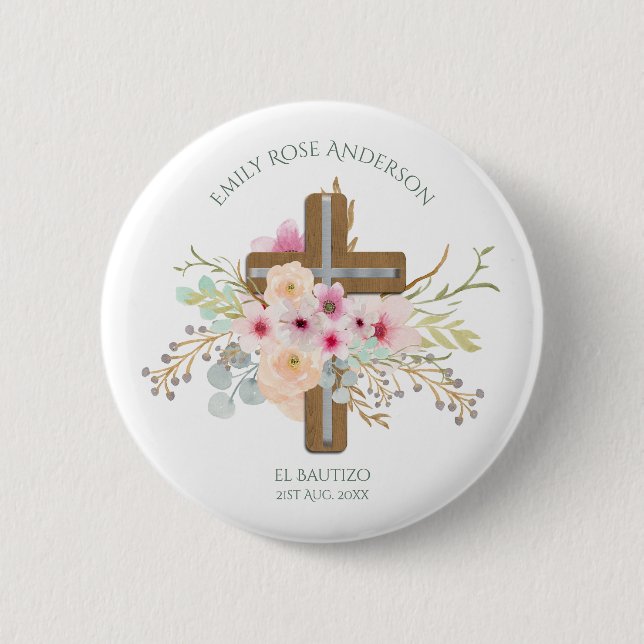 Girls Pink floral BAUTIZO Baptism Bautismo Named 6 Cm Round Badge (Front)
