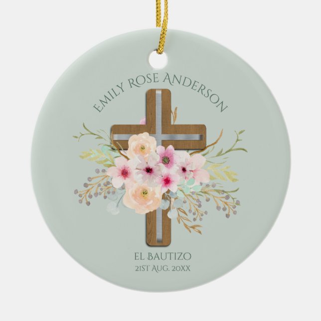 Girls Pink floral BAUTIZO Baptism Bautismo Named Ceramic Tree Decoration (Front)