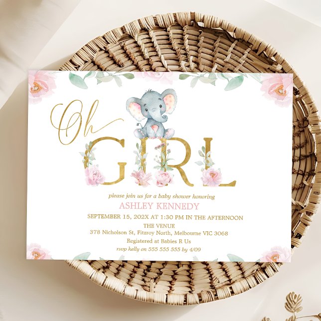 Girls Pink Floral Elephant Baby Shower Invitation (Girls Elephant Baby Shower Invitation, Floral Elephant Baby Shower Invitation Template, Oh Girl Baby)