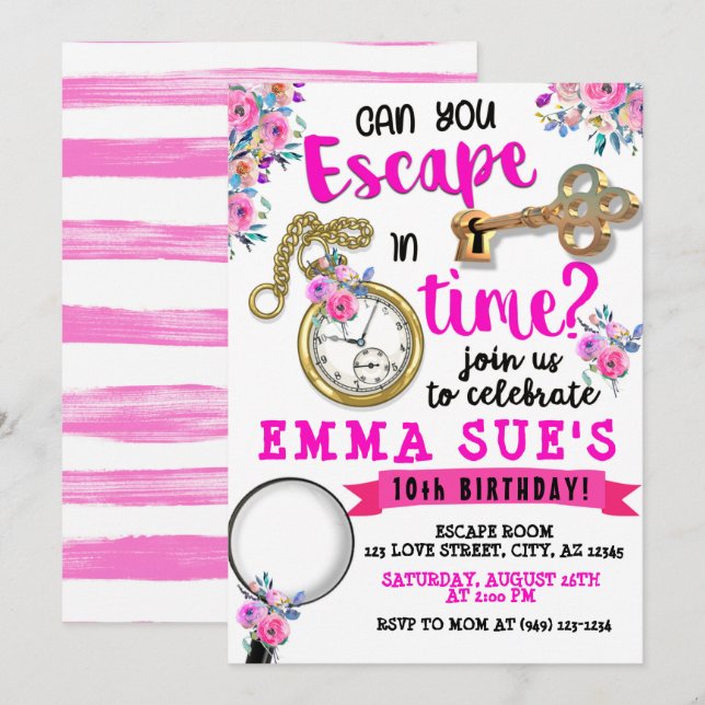 Girl's Pink Floral Escape Room Birthday Invitation (Front/Back)