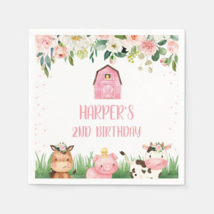 Girls Pink Floral Farm Birthday Party Napkin
