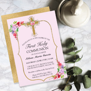 Girls Pink Floral First Holy Communion Invitation