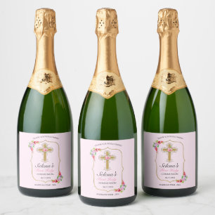 Girls Pink Floral First Holy Communion  Sparkling Wine Label