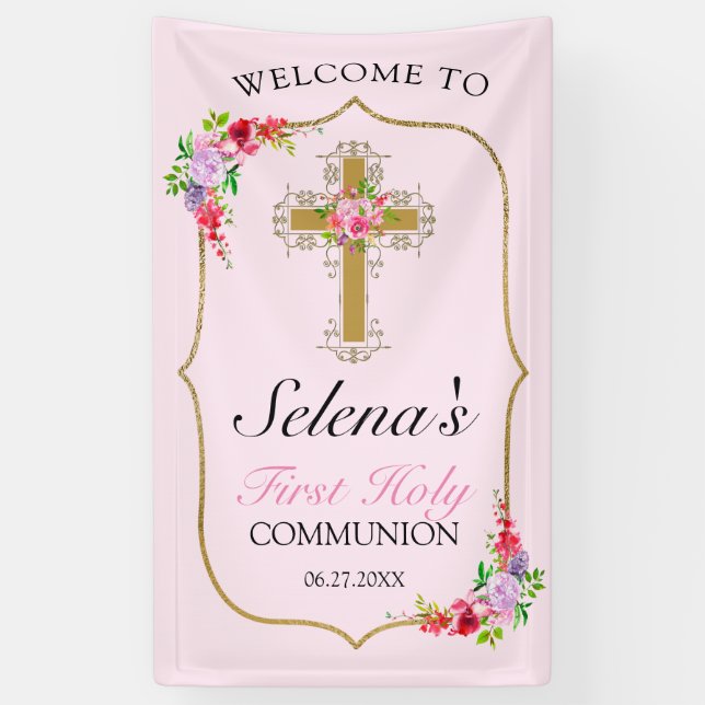 Girls Pink Floral First Holy Communion Welcome Banner (Vertical)