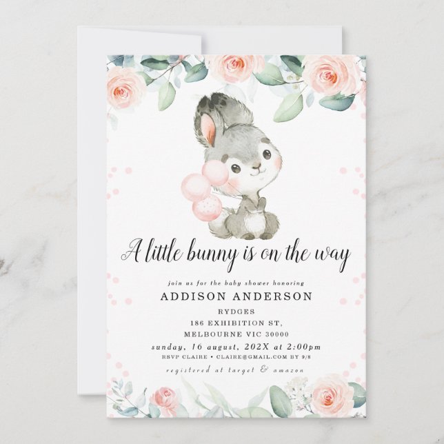 Girls Pink Floral Gray Bunny Baby Shower Invitation (Front)