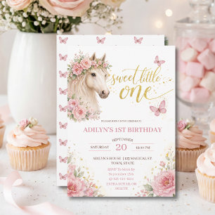 Girls Pink Floral Horse 1st Birthday Invitation