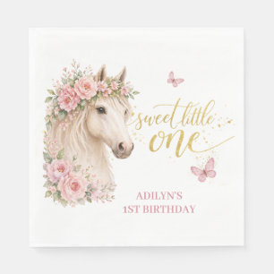 Girls Pink Floral Horse 1st Birthday Napkin