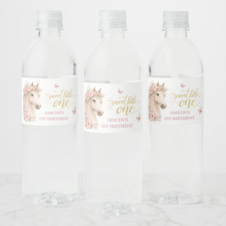 Girls Pink Floral Horse 1st Birthday Water Bottle Label