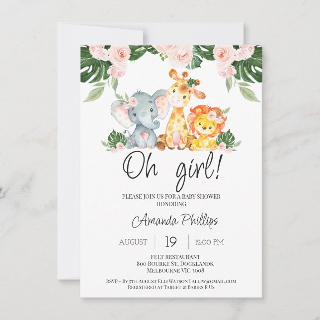 Girls Pink Floral Safari Animals Baby Shower Invitation (Front)