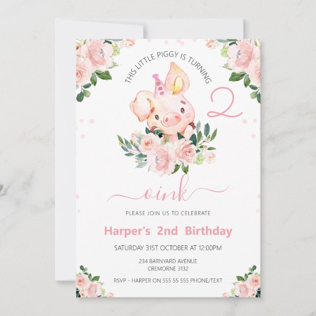 Girls Pink Floral This Little Piggy Birthday Invitation (Front)