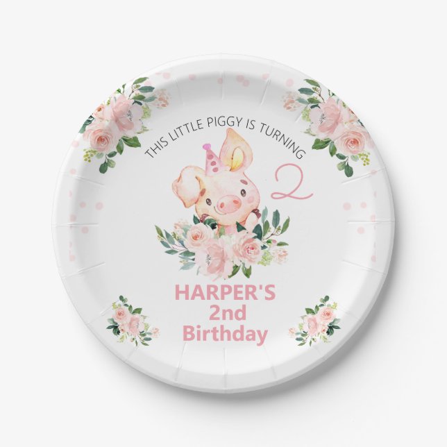 Girls Pink Floral This Little Piggy Birthday  Paper Plate (Front)