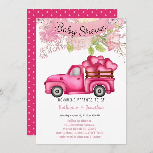 Girls Pink Floral Truckload Hearts Baby Shower   Invitation (Front/Back)