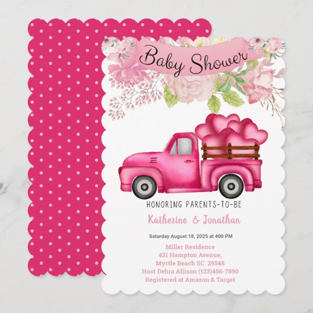 Girls Pink Floral Truckload Hearts Baby Shower   Invitation (Front/Back)