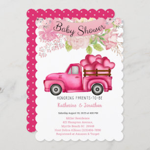 Girls Pink Floral Truckload Hearts Baby Shower   Invitation