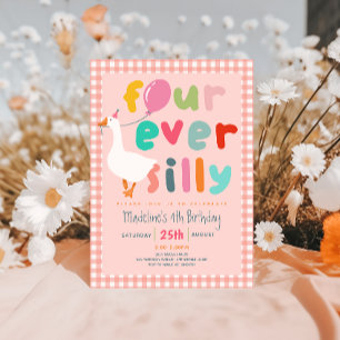 Girls Pink “Four Ever Silly” Goose 4th Birthday Invitation