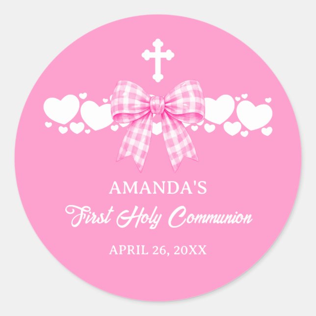 Girl's Pink Gingham Bow First Communion Classic Round Sticker (Front)