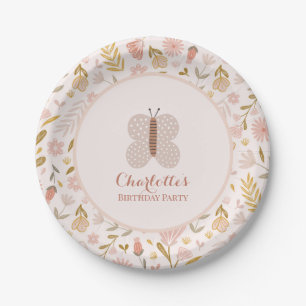 Girls Pink Gingham Wildflower Butterfly  Paper Plate
