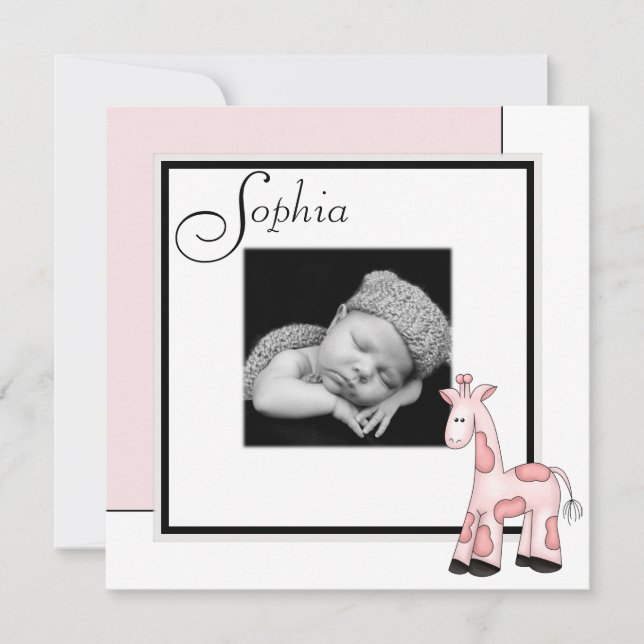 Girls Pink Giraffe Photo Birth Announcement (Front)