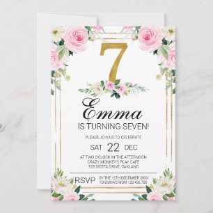 Girls Pink & Gold 7th Birthday Invitation