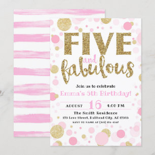 Girl's Pink & Gold Five & Fabulous 5th Birthday Invitation
