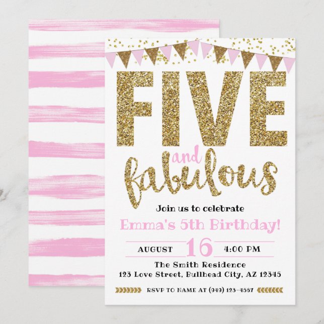 Girl's Pink & Gold Five & Fabulous 5th Birthday Invitation (Front/Back)