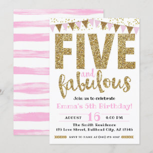 Girl's Pink & Gold Five & Fabulous 5th Birthday Invitation