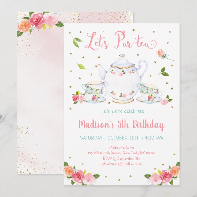 Girls Pink Gold Floral Tea Party Birthday Invitation (Front/Back)