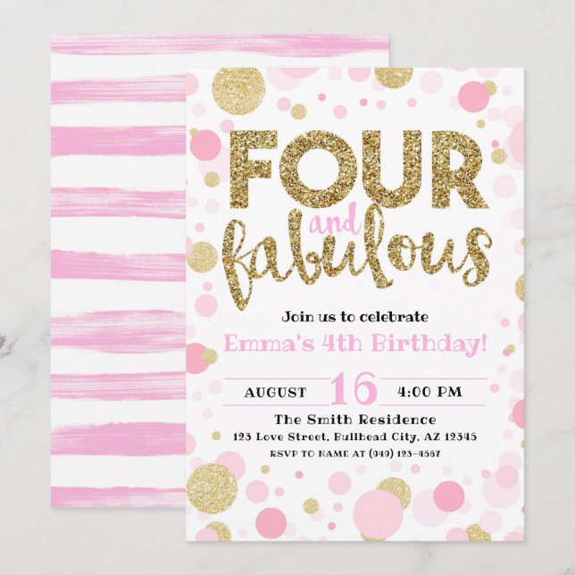 Girl's Pink & Gold Four & Fabulous 4th Birthday Invitation (Front/Back)