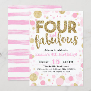 Girl's Pink & Gold Four & Fabulous 4th Birthday Invitation