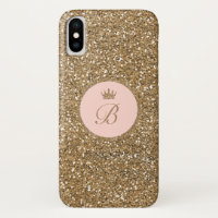 Girls Pink Gold Glitter Princess Crown Monogram