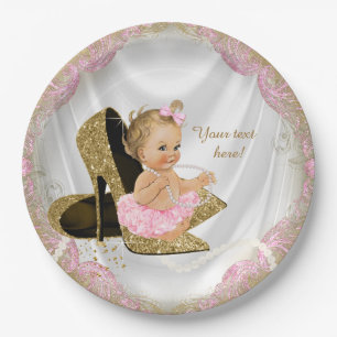 Girls Pink Gold High Heel Baby Shower Paper Plate