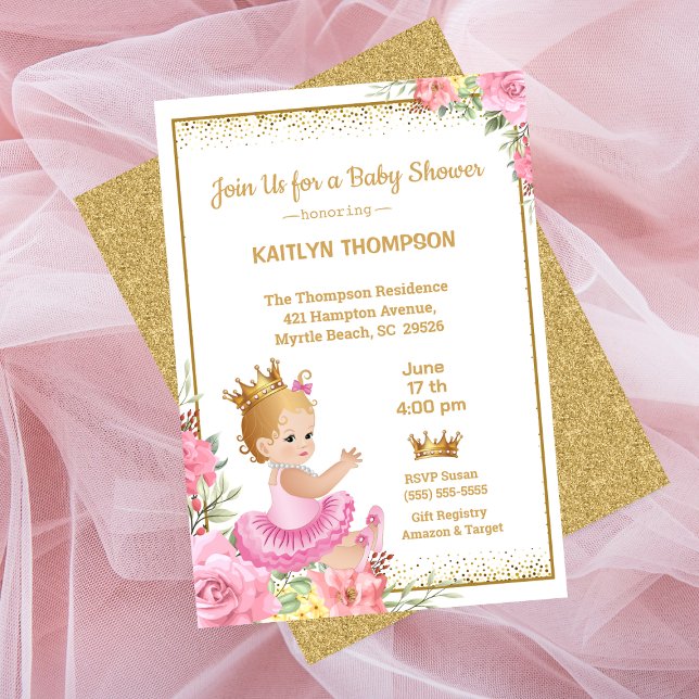 Girls Pink Gold Princess Baby Shower Invitation (Creator Uploaded)