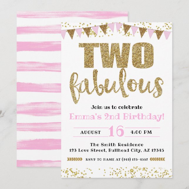 Girl's Pink & Gold Two Fabulous 2nd Birthday Invitation (Front/Back)