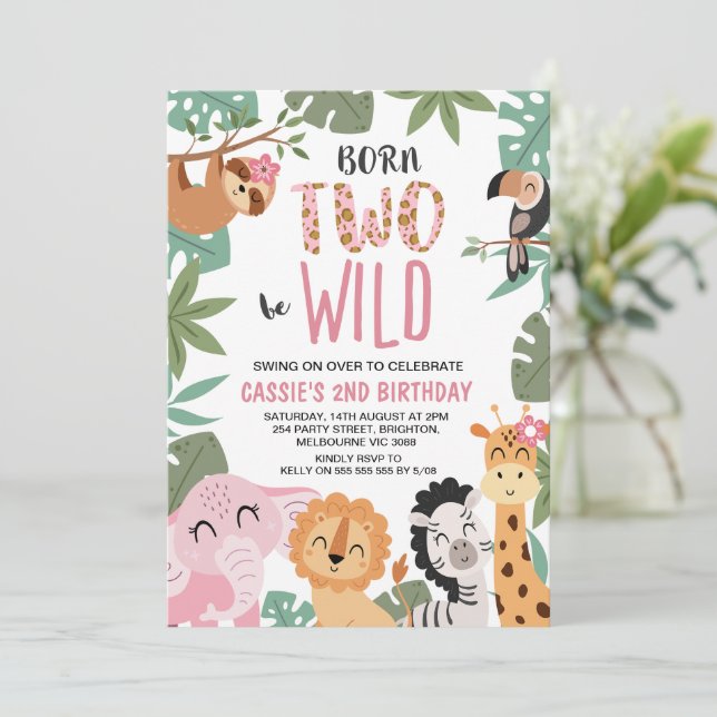 Girls Pink Green Born To Be Wild 2nd Birthday Invitation (Standing Front)