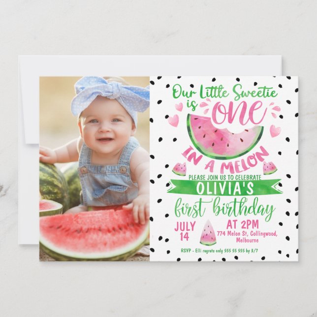 Girls Pink Green One In A Melon Photo 1st Birthday Invitation (Front)