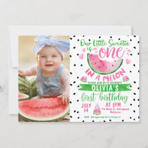 Girls Pink Green One In A Melon Photo 1st Birthday Invitation